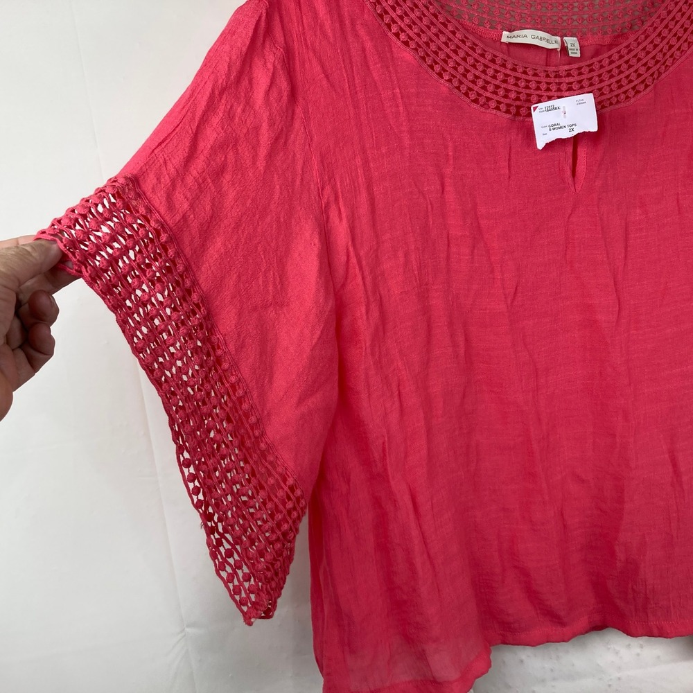NEW Maria Gabrielle Blouse Women 2X Coral‎ Crochet Lace Keyhole Boho Top Coastal - Picture 6 of 9